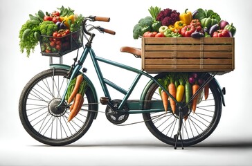 Fototapeta na wymiar a bicycle equipped with a rear wooden box filled with vegetables