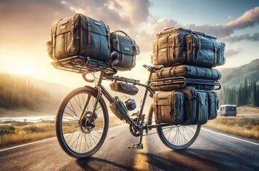 A bicycle equipped with travel bags - obrazy, fototapety, plakaty