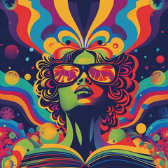 Fototapeta premium A poster of a woman with sunglasses in psychedelic groovy style