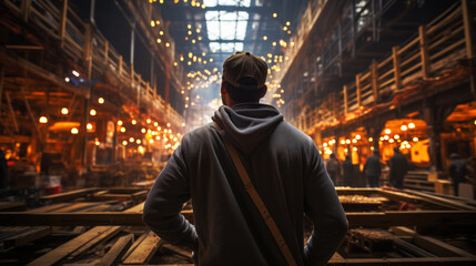 Man Contemplating in a Bustling Industrial Workshop.Generative ai. - Powered by Adobe