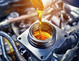 Motor oil in the mechanism of a car engine care for durability and efficiency. car engine with lubricant oil on repairing. Concept of lubricate motor - obrazy, fototapety, plakaty