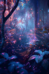 The ethereal glow of fireflies and mystical light creates an otherworldly scene in a dense, magical forest path