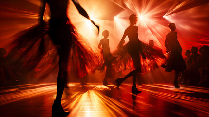 Dynamic silhouettes of dancers in red spin and twirl under a crescendo of dramatic stage lighting