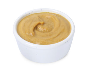 Fresh tasty mustard sauce in bowl isolated on white