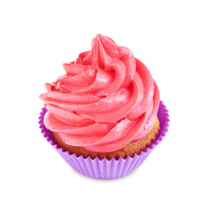 Delicious cupcake with pink cream isolated on white