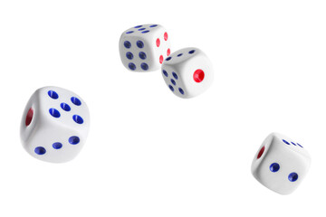 Four dice in air on white background