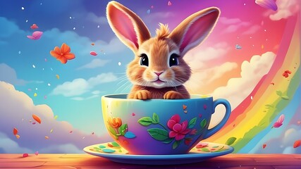 "Digital Illustration, An adorable rabbit sitting in a teacup against a rainbow sky backdrop, Cartoon art style with bright and vibrant colors, Inspired by illustrations from children's books, High re
