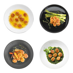 Set with delicious fried scallops in plates isolated on white, top view