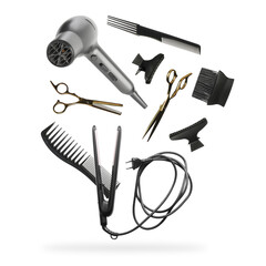 Professional hairdresser tools falling on white background