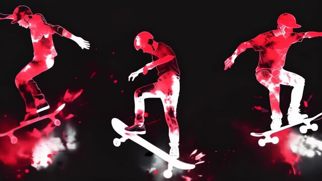 Three skateboarders are shown mid-air, executing tricks. The dynamic figures are rendered in red and white, with splattered paint effects adding a sense of energy and movement. 