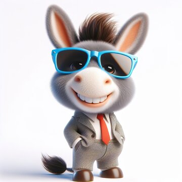 a cute donkey wearing suit and cool fashion eyeglasses , funny, happy, smile, white background