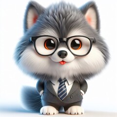 a cute wolf wearing suit and cool fashion eyeglasses , funny, happy, smile, white background