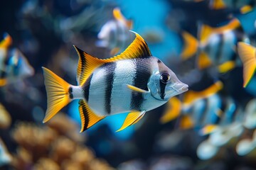 Vibrant heniochus butterflyfish swimming gracefully in a tropical aquarium