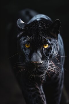 Intense black panther with glowing eyes in the dark