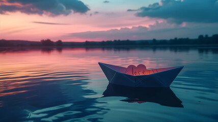 A romantic paper boat with a love note floats serenely on a calm lake under a colorful twilight sky.
 - obrazy, fototapety, plakaty
