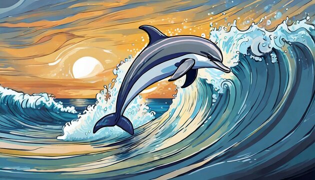striped dolphin surfing under a sea wave before jumping outside the sea