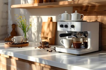 Espresso machine brewing coffee into cups in a sunny kitchen. - obrazy, fototapety, plakaty