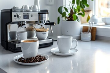 Espresso machine on kitchen countertop with a fresh cup of coffee and coffee beans.