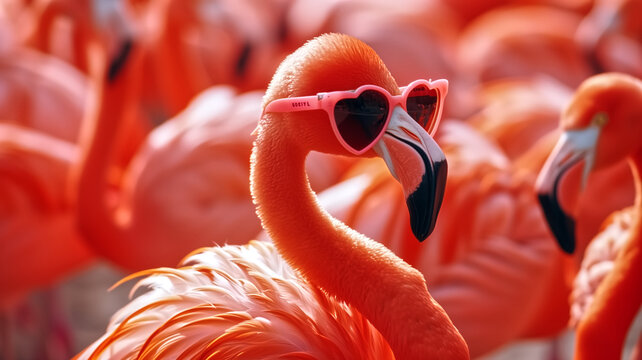 A quirky flamingo sports heart-shaped sunglasses, standing out among a flock, embodying fun and uniqueness.
