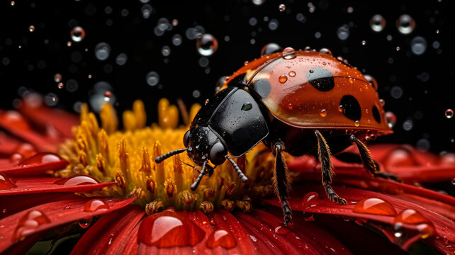 A macro image captures a ladybug exploring a red daisy petal, adorned with fresh raindrops, in vivid detail.
