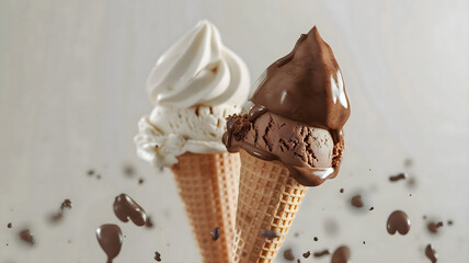  A minimalist presentation of elegant vanilla and chocolate ice cream, delicately swirled e exuding...
