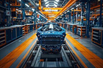 Car engine assembly line with a focus on an engine in a modern automotive factory.