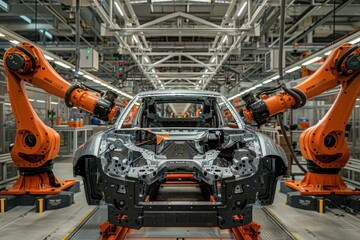 Industrial robots assembling a car chassis on a production line in a factory.
