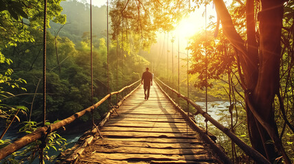A person takes a peaceful walk on a rustic suspension bridge, surrounded by the lush greenery of a forest bathed in golden sunlight.
 - obrazy, fototapety, plakaty