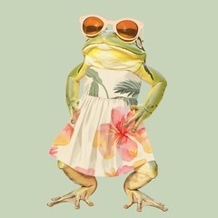 Frog wearing a sundress, Summer theme, illustration, isolate on soft color background