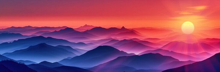 A stunning sunrise over the mountains, with layers of mountains in silhouette against an orange sky and a large sun rising on one side