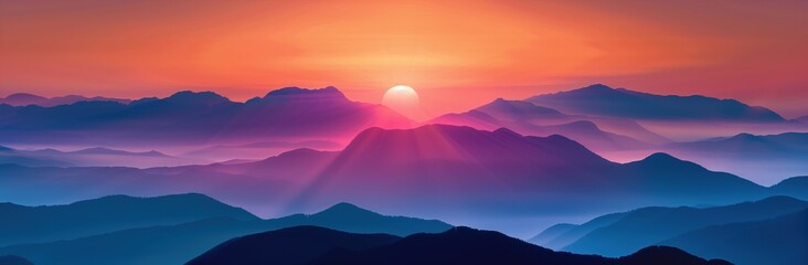 A stunning sunrise over the mountains, with layers of mountains in silhouette against an orange sky and a large sun rising on one side - obrazy, fototapety, plakaty