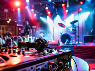 Musical instruments used for mixing sound on a concert stage that is in a pub or entertainment...