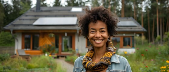 Smiling Individual Championing Sustainable Living, Eco-Home Backdrop. Concept Happy Environmental Advocate, Green Lifestyle, Sustainable Housing, Smiling Eco-Warrior - obrazy, fototapety, plakaty
