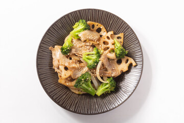 豚バラ肉とブロッコリーと蓮根の炒め物（オイスターソース）