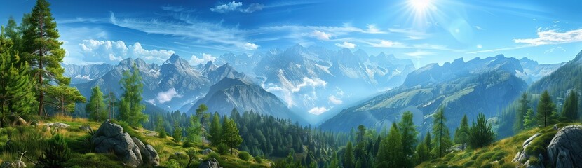 panoramic view of the alps with the sun shining over the mountains, with muscular peaks