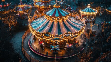Aerial view of a circus parade winding past a beautifully lit carousel, evening glow
