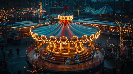 Aerial view of a circus parade winding past a beautifully lit carousel, evening glow - obrazy, fototapety, plakaty