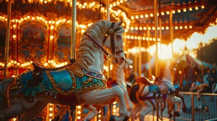 Fototapeta na wymiar Vintage circus parade scene with a detailed, ornate carousel, golden hour lighting