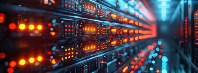 Close-up of illuminated server racks with glowing red and blue lights in a modern data center, symbolizing network activity.