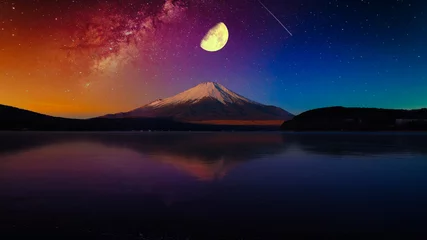 Fotobehang 富士山にかかる月と星空合成 © san724