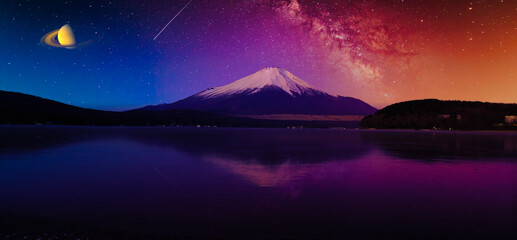 富士山にかかる月と星空合成