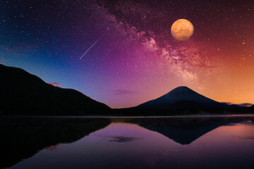 富士山にかかる月と星空合成