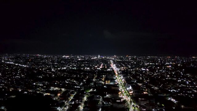 View of the Banjarmasin city from a drone during the night