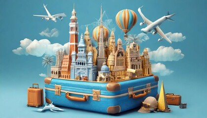 Blue suitcase full of landmarks and travel accessory on blue background 3D Rendering, 3D Illustration