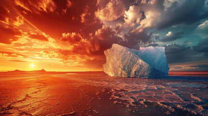 Stark contrast of a melting iceberg beside a parched desert under - obrazy, fototapety, plakaty