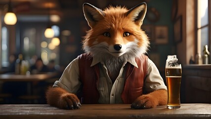"Photorealistic Image, A humorous and lively scene depicting a fox sitting at a pub table, holding a beer mug with a mischievous expression, Realistic art style with detailed fur texture and realistic