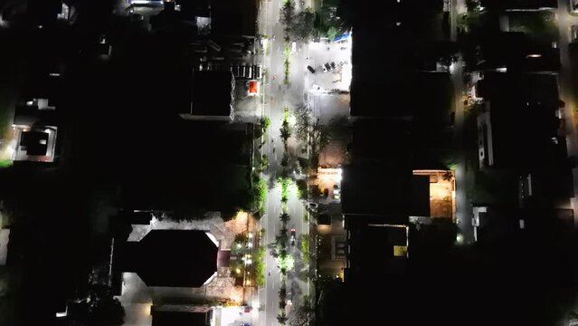 View of the Banjarmasin city from a drone during the night