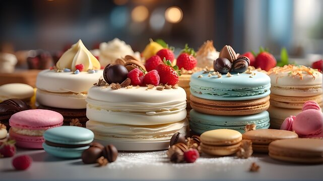 "Photorealistic Image, A mouth-watering display of assorted desserts like cakes, pastries, and macarons, Realistic art style with emphasis on detailed textures and vibrant colors, Inspired by bakery s