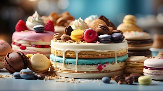 "Photorealistic Image, A tempting dessert spread featuring a variety of sweets like cakes, pastries, and chocolates, Realistic art style with emphasis on detailed textures and vibrant colors, Inspired