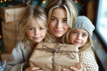 Fototapeta premium A glowing mother sits comfortably indoors with her two young daughters, who are donning warm winter attire. The trio is holding a gift wrapped in brown paper and string